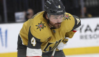 Golden Knights defenseman Rasmus Andersson (4) looks on during a break in the second period of ...