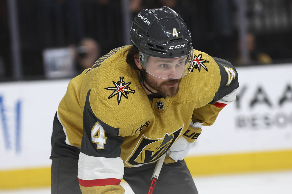 Golden Knights defenseman Rasmus Andersson (4) looks on during a break in the second period of ...