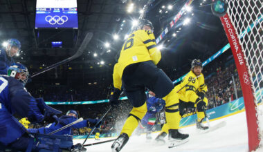 Sweden's William Nylander (88) scores his side's third goal during a preliminary roun ...