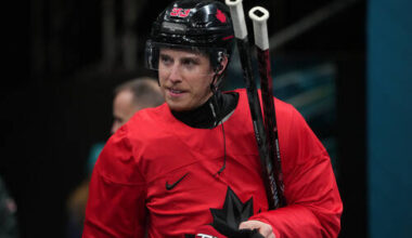 Canada's Mitch Marner arrives for men's ice hockey practice at the 2026 Winter Olympi ...