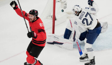 Canada's Mark Stone (61) celebrates after scoring a goal against France's goalkeeper ...