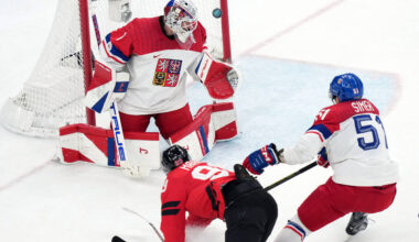 Canada's Mitch Marner (93) scores the winning goal past Czechia goalkeeper Lukas Dostal (1 ...