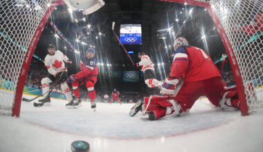 Canada's Mark Stone (61), left, scores a goal in the second period as Czechia's Domin ...