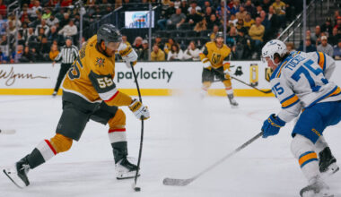 Golden Knights right wing Keegan Kolesar (55) takes a shot on goal against St. Louis Blues defe ...