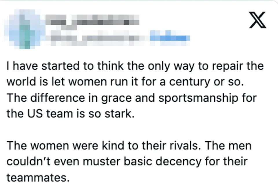 Text post  discussing grace and sportsmanship differences between women's and men's teams