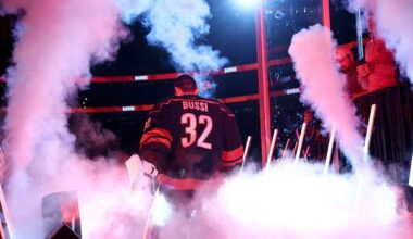 Brandon Bussi of the Carolina Hurricanes is introduced prior to the game against the New Jersey Devils at Lenovo Center on October 09, 2025 in Raleigh, North Carolina.