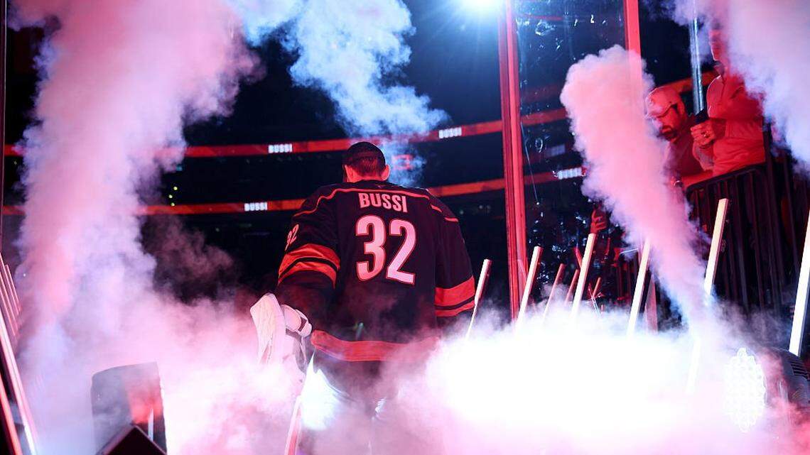 Brandon Bussi of the Carolina Hurricanes is introduced prior to the game against the New Jersey Devils at Lenovo Center on October 09, 2025 in Raleigh, North Carolina.