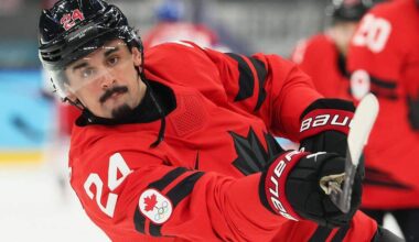 Seth Jarvis of Team Canada and the Carolina Hurricanes warms up prior to the men's quarterfinals playoff game between Canada and Czechia on Day 12 of the Milano Cortina 2026 Winter Olympic games at Milano Rho Ice Hockey Arena on Feb. 18, 2026 in Milan, Italy.