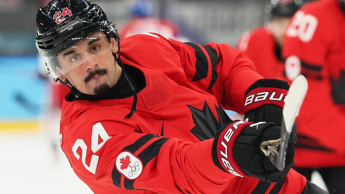 Seth Jarvis of Team Canada and the Carolina Hurricanes warms up prior to the men's quarterfinals playoff game between Canada and Czechia on Day 12 of the Milano Cortina 2026 Winter Olympic games at Milano Rho Ice Hockey Arena on Feb. 18, 2026 in Milan, Italy.