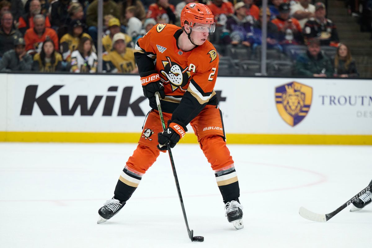 The Anaheim Ducks defender Jackson LaCombe (2) skates with the puck against The Las Vegas Golden Knights February 1st, 2026 in Anaheim California. The Anaheim Ducks defender Jackson LaCombe (2) skates with the puck against The Las Vegas Golden Knights February 1st, 2026 in Anaheim California.