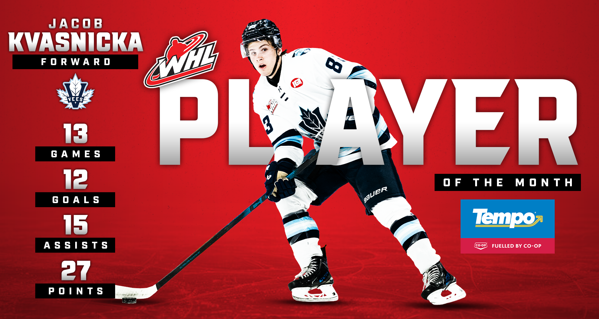 New York Islanders prospect Kvasnicka named Tempo WHL Player of the Month for January, Fuelled by Co-op