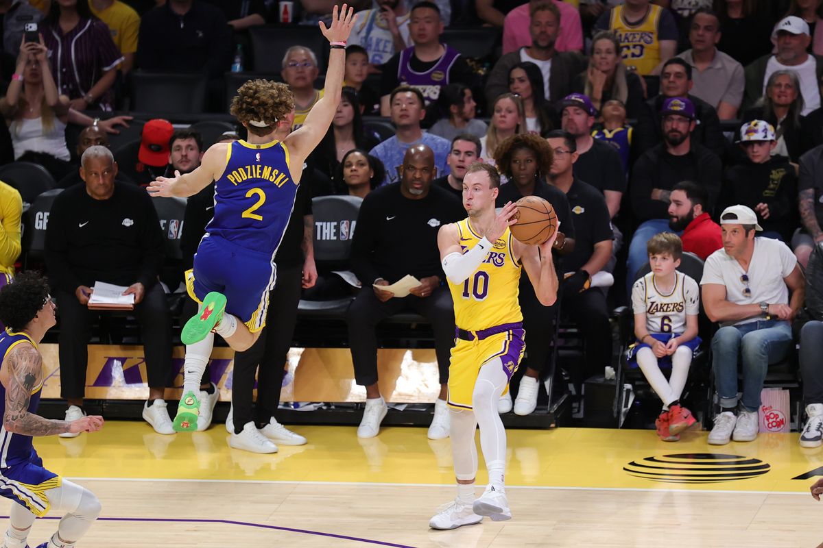 Los Angeles Lakers guard Luke Kennard (10) looks to pass the basketball during an NBA game against the Golden State Warriors on February 7, 2025 in Los Angeles, CA.