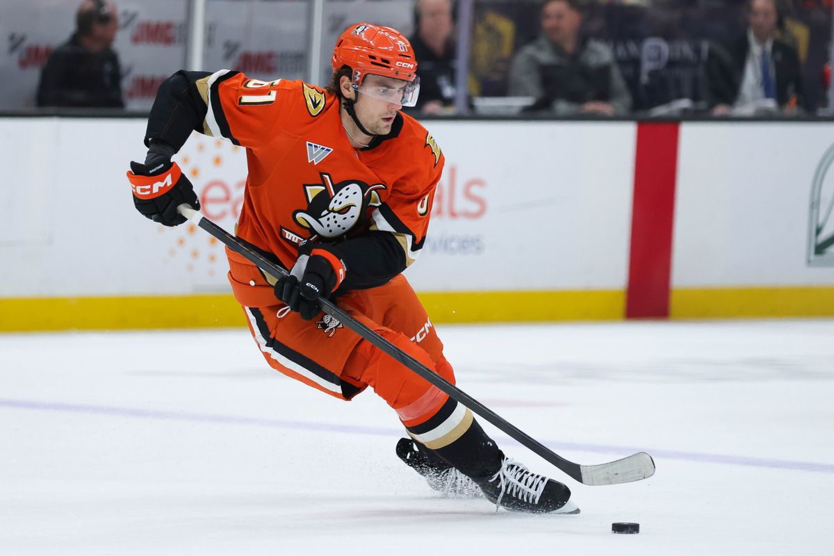 Anaheim Ducks left wing Cutter Gauthier (61) skates with the puck during the NHL game against the Edmonton Oilers, Wednesday February 25th, 2026 at Honda Center in Anaheim, Calif.
