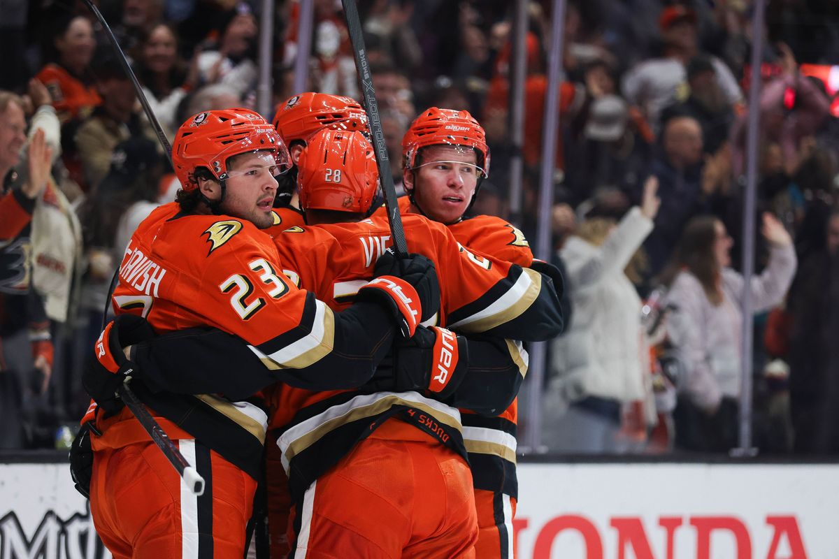 Anaheim Ducks celebrate during the NHL game against the Edmonton Oilers, Wednesday February 25th, 2026 at Honda Center in Anaheim, Calif.