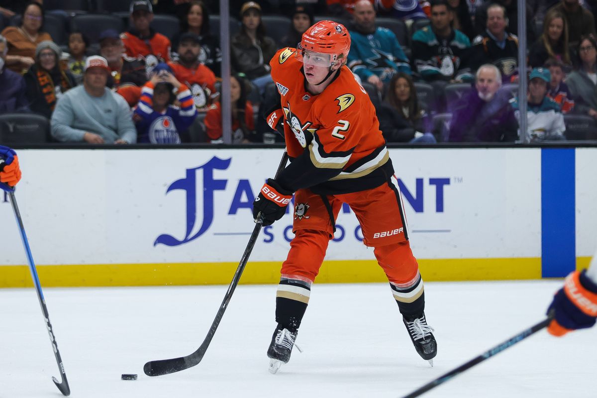 Anaheim Ducks defenseman Jackson LaCombe (2) skates with the puck during the NHL game against the Edmonton Oilers, Wednesday February 25th, 2026 at Honda Center in Anaheim, Calif.