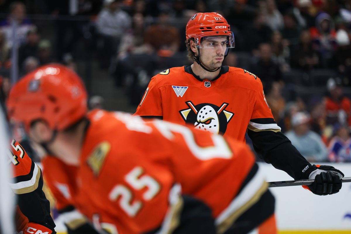 Anaheim Ducks left wing Cutter Gauthier (61) looks off during the NHL game against the Edmonton Oilers, Wednesday February 25th, 2026 at Honda Center in Anaheim, Calif.
