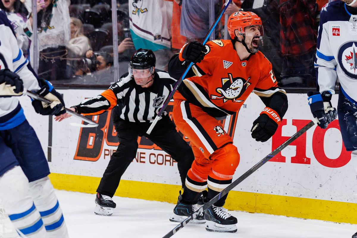 Anaheim Ducks left wing Chris Kreider (20) celebrates after a game-winning goal during an NHL match against the Winnipeg Jets on February 27, 2026 in Anaheim, California.