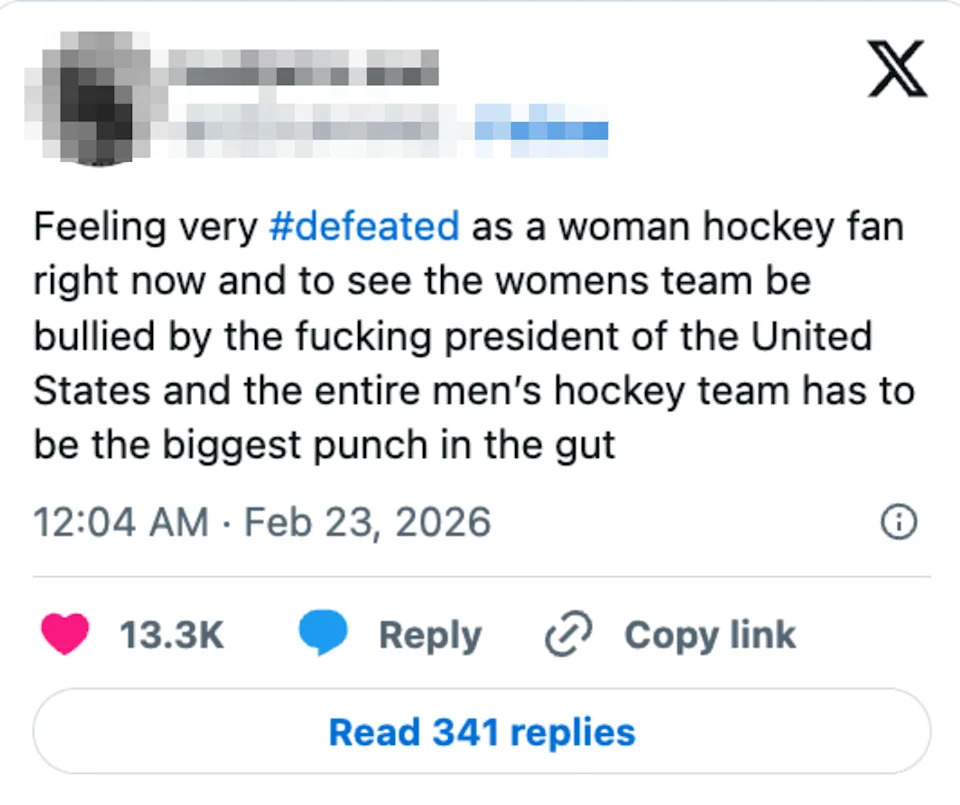 Tweet expressing disappointment as a woman hockey fan over the U.S. women's team being bullied and the men's team supporting the bullying president