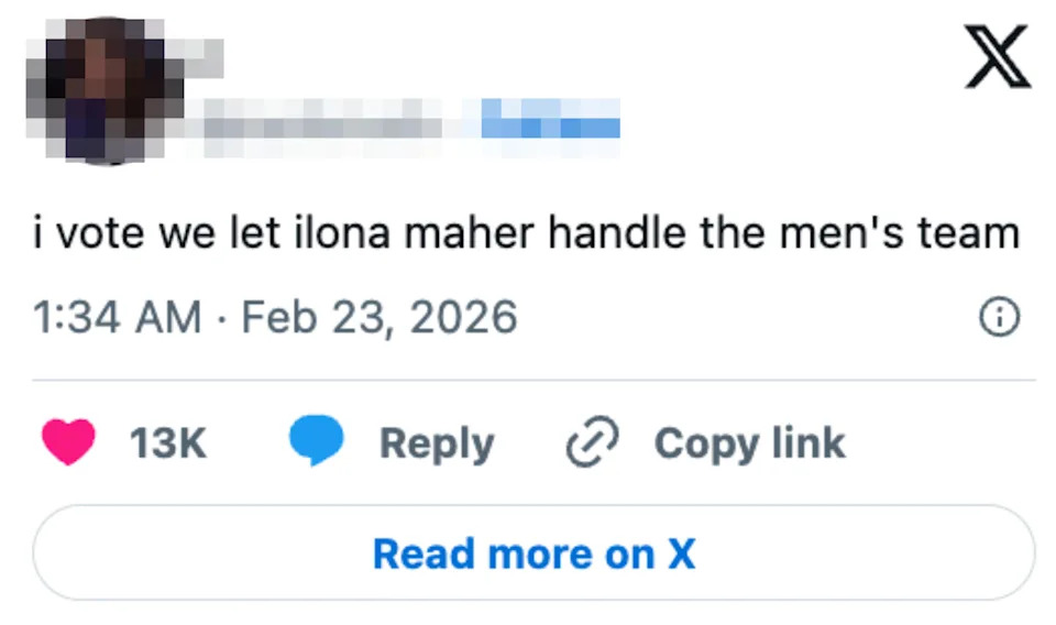 Social media post suggesting Ilona Maher should manage the men's team