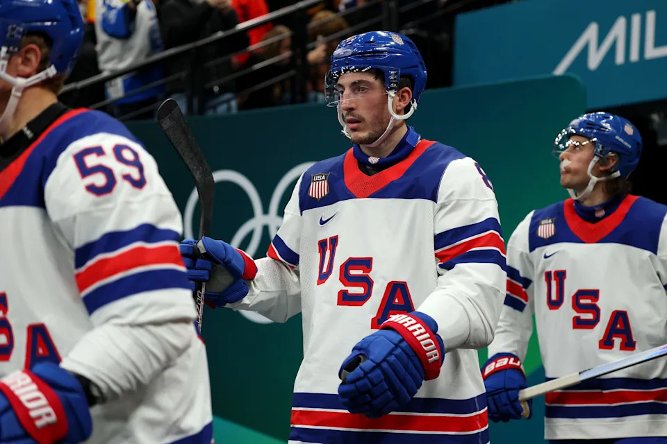 Zach Werenski #8 of Team United States walks to the ice before the Men's Preliminary Group C match between the United States and Germany on day nine of the Milano Cortina 2026 Winter Olympic games at Milano Santagiulia Ice Hockey Arena on February 15, 2026 in Milan, Italy.