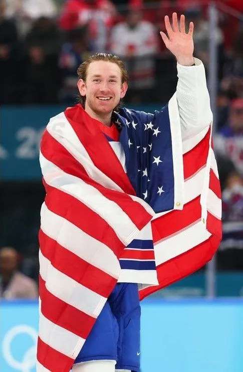 Jake Sanderson of Team USA celebrates after the overtime win on Sunday.