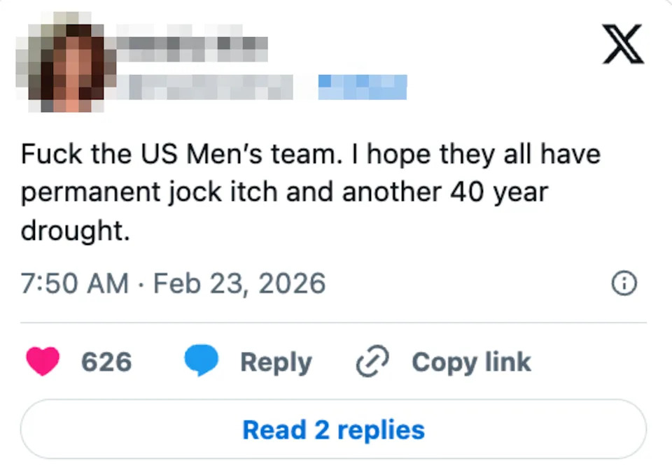 Tweet expressing frustration and ill will towards the US Men's team, wishing them jock itch and a prolonged 40-year failure period