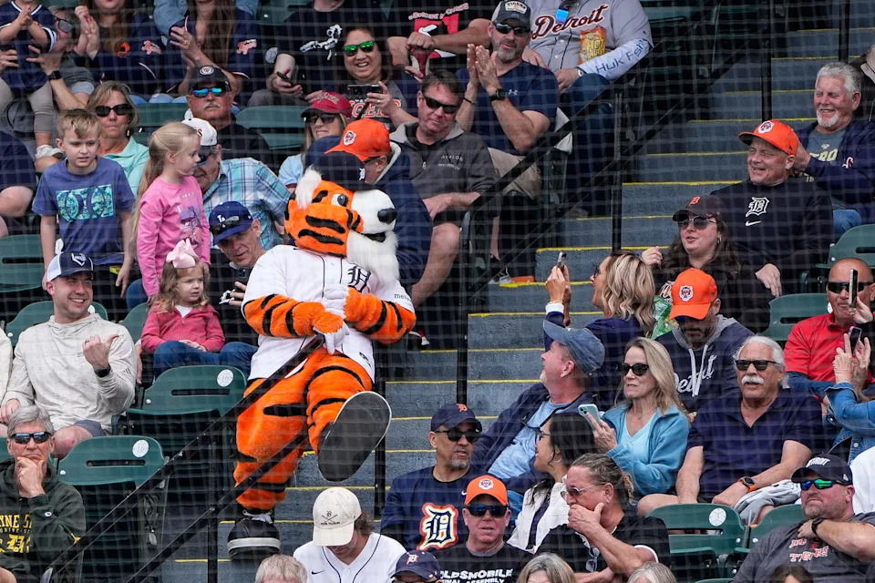 Detroit Tigers mascot interacts with fans during a Grapefruit League game against Philadelphia Phillies at Joker Marchant Stadium in Lakeland, Fla. on Saturday, Feb. 22, 2025.