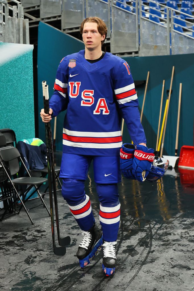 Matt Boldy #12 of Team United States is seen prior to training on day three of the Milano Cortina 2026 Winter Olympic games at Milano Santagiulia Ice Hockey Arena on February 09, 2026 in Milan, Italy. (Photo by Bruce Bennett/Getty Images)