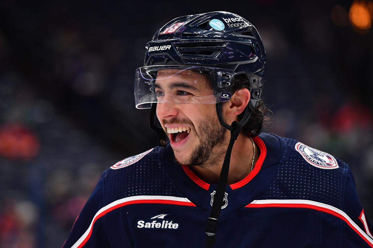 Ben Jackson/NHLI via Getty Images - PHOTO: Johnny Gaudreau of the Columbus Blue Jackets warms up prior to a game against the Calgary Flames, October 20, 2023 in Columbus, Ohio.