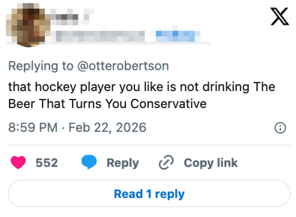 A tweet joking about a hockey player not drinking "The Beer That Turns You Conservative," with engagement stats below