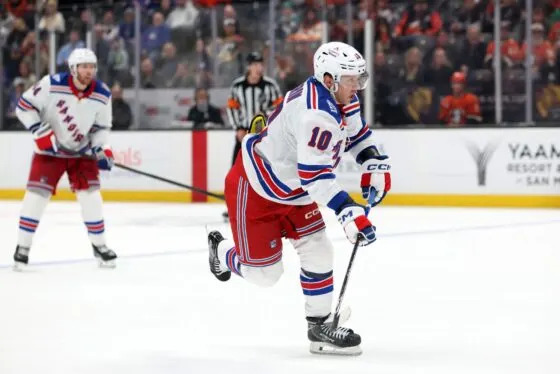 New York Rangers left wing Artemi Panarin (10) shoots the puck during the third period against the Anaheim Ducks at Honda Center on Jan 19, 2026.