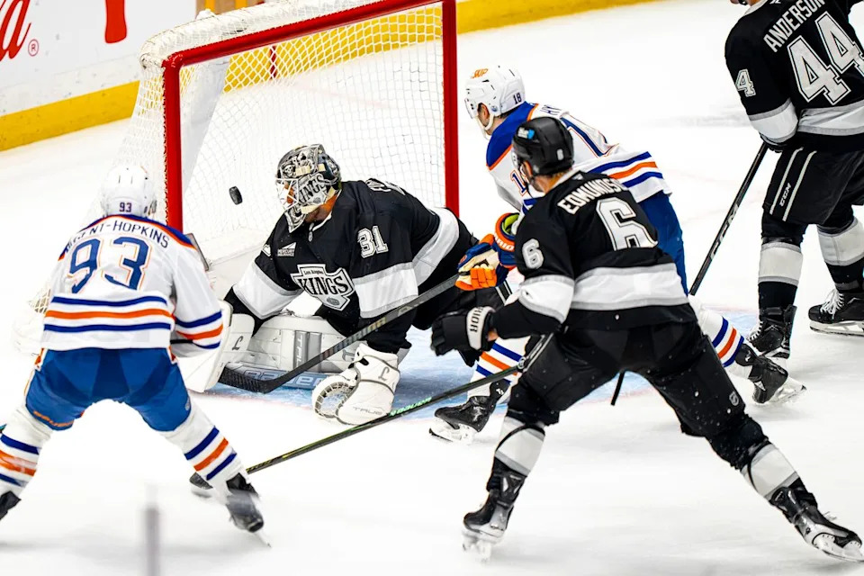 Los Angeles Kings goalie Anton Forsberg (31) allowing an Oilers goal during an NHL hockey game against the Edmonton Oilers on February 26th, 2026 in Los Angeles, CA.
