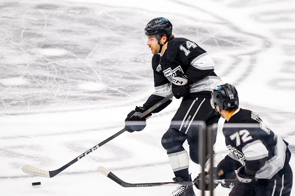Los Angeles Kings right wing Alex Lafferriere (14), moving the puck during an NHL hockey game against the Edmonton Oilers on February 26th, 2026 in Los Angeles, CA.