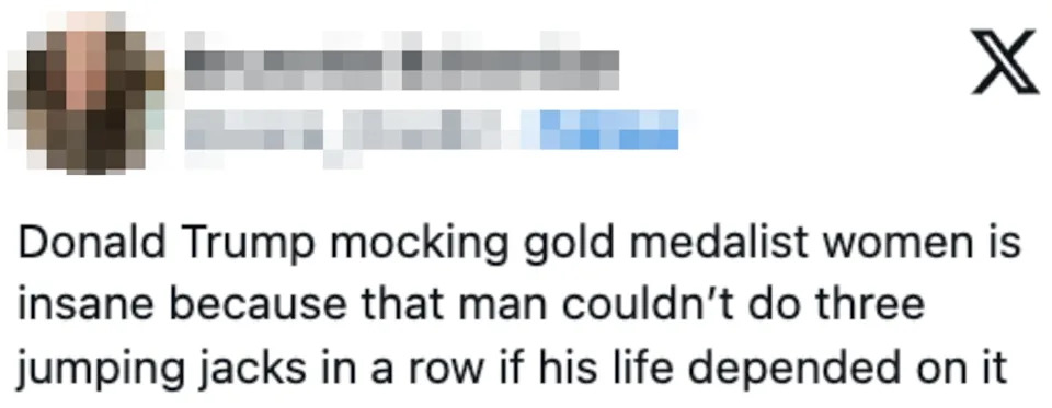Tweet: Criticizes Donald Trump for mocking female gold medalists, claiming he couldn't do three jumping jacks consecutively