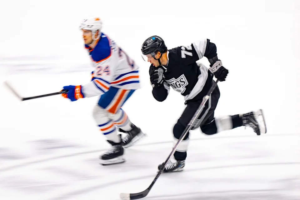 Los Angeles Kings left wing Artemi Panarin (72) trying to keep up with Spencer Stastney of the Edmonton Oilers during an NHL hockey game against the Edmonton Oilers on February 26th, 2026 in Los Angeles, CA.