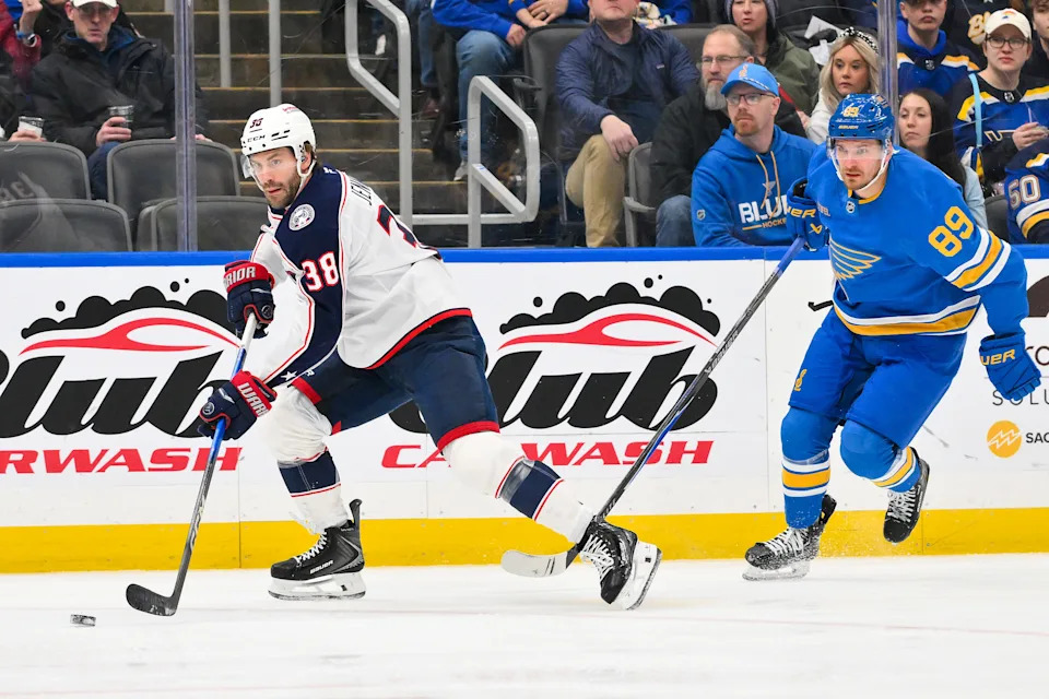 Blue Jackets center Boone Jenner (38) controls the puck against the Blues in Columbus' 5-3 win on Jan. 31.