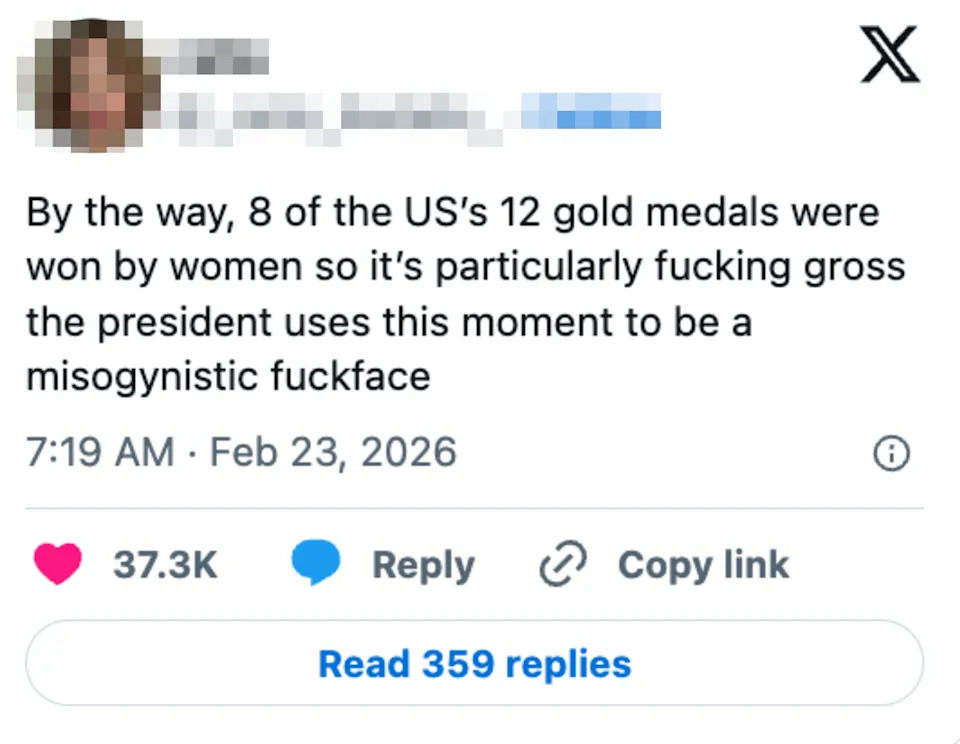 Tweet criticizing a president for misogyny and highlighting women winning 8 out of 12 US gold medals
