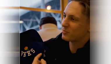 Toronto Maple Leafs defenceman Troy Stecher shows off his Penticton Vee cap in a YouTube video posted by the NHL club. (Toronto Maple Leafs/YouTube)