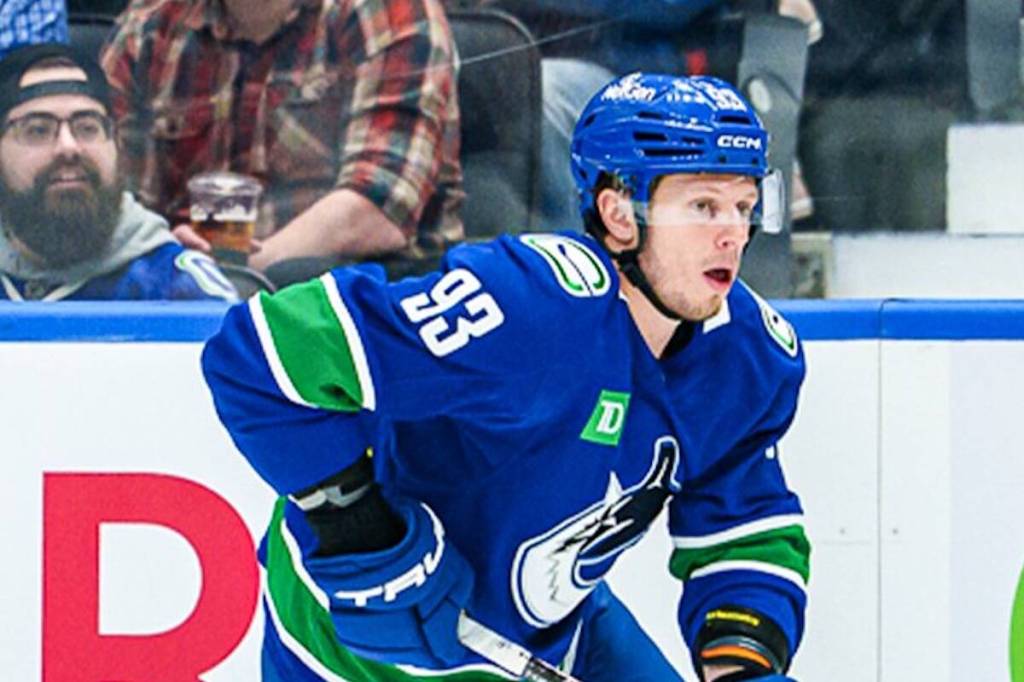Vancouver Canucks forward Marco Rossi, in action Wednesday, Feb. 25, 2026 during an NHL game against the Winnipeg Jets at Rogers Arena in Vancouver. (https://x.com/Canucks photo)