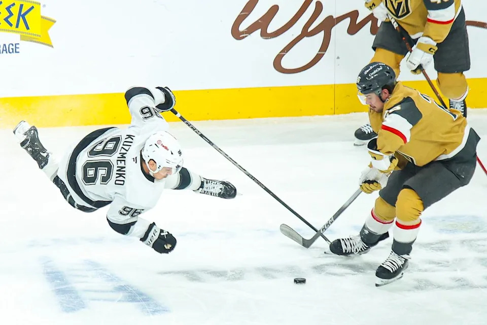 Los Angeles Kings F Andrei Kuzmenko (96) draws a tripping penalty during an NHL game against the Vegas Golden Knights on Thursday February 5, 2026, in Las Vegas, Nevada. 