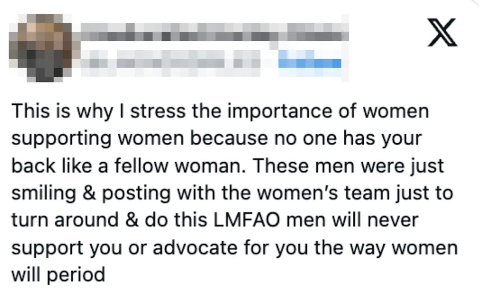 Text excerpt stressing the importance of women supporting women, criticizing men for lack of genuine advocacy