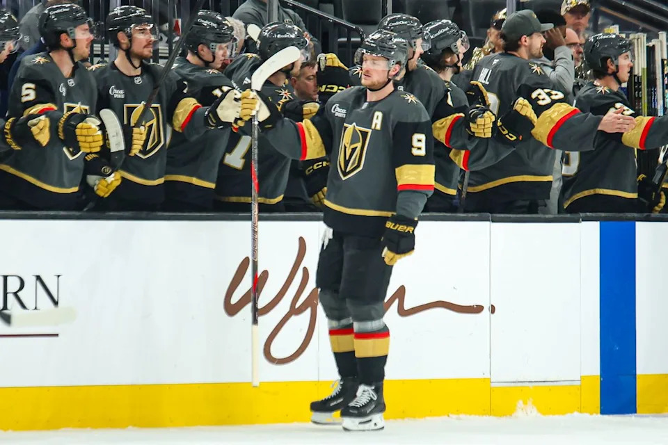 Vegas Golden Knights F Jack Eichel (9) skates past his bench after scoring a goal against the Vancouver Canucks on Wednesday February 4, 2026, in Las Vegas, Nevada. 