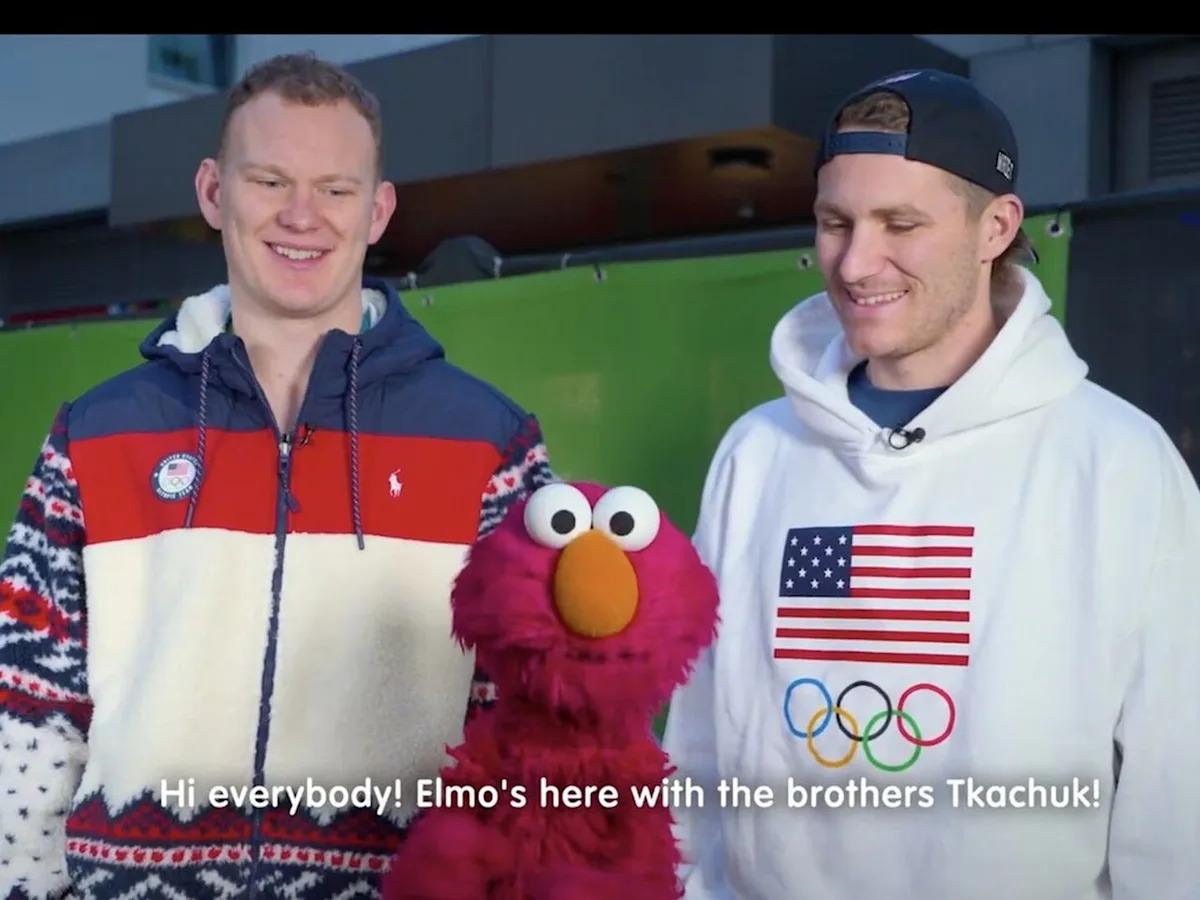 Senators captain Brady Tkachuk and brother, Matthew, meet Sesame Street's Elmo