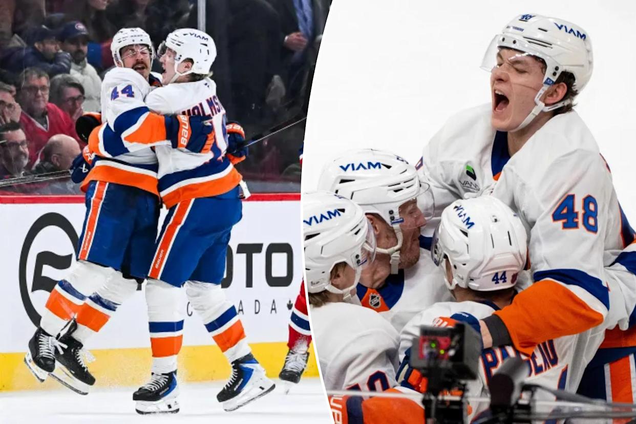 An image collage containing 2 images, Image 1 shows New York Islanders center Jean-Gabriel Pageau (44) and a teammate celebrating his game-winning goal against the Montreal Canadiens during overtime, Image 2 shows New York Islanders players celebrate a winning goal in a hockey game