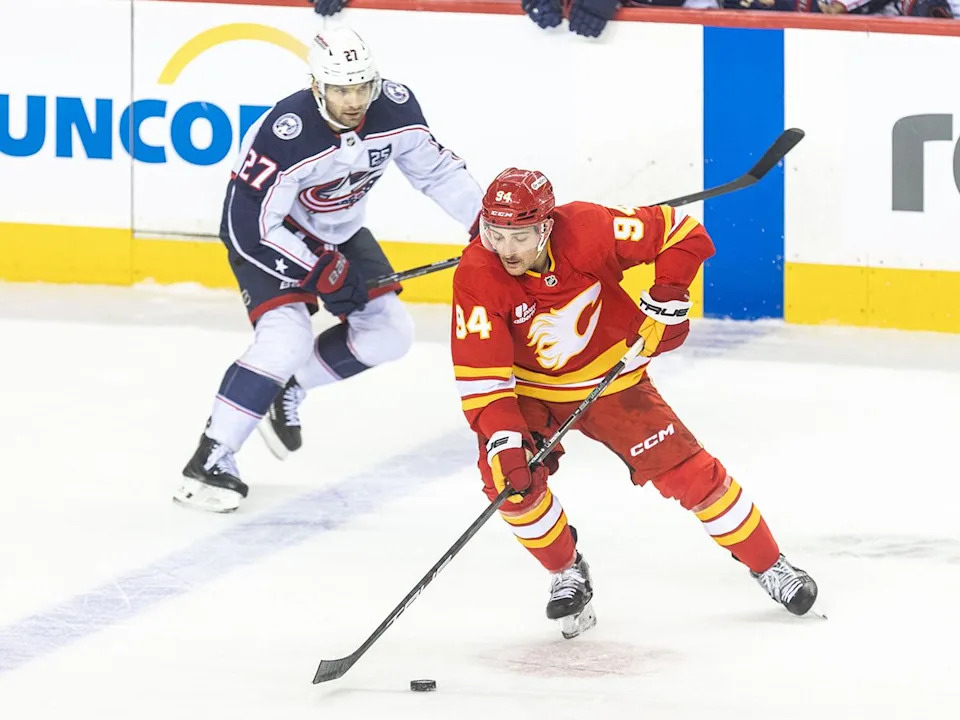  Calgary Flames defenceman Brayden Pachal was photographed in the second period against the Columbus Blue Jackets at the Scotiabank Saddledome on Wednesday, Nov. 5, 2025.