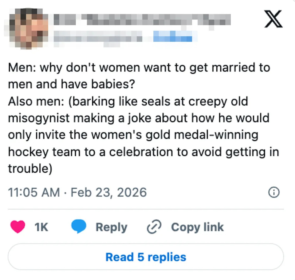 Twitter post: A woman criticizes men for making misogynistic jokes, highlighting the double standard when men question women's marital and parental choices