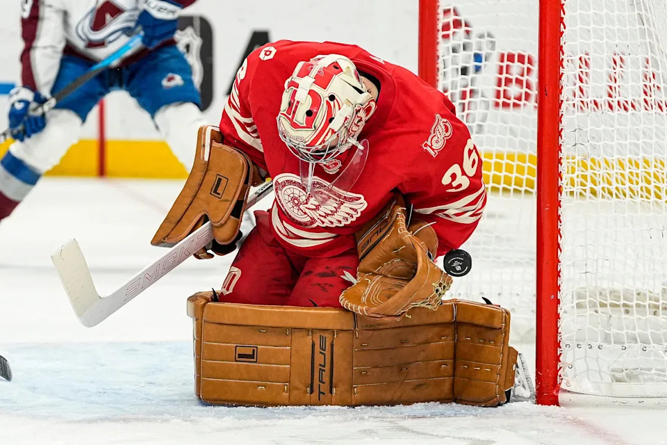 Detroit Red Wings goaltender John Gibson (36) makes a save against against Colorado Avalanche during the second period at Little Caesars Arena in Detroit on Saturday, Jan. 31, 2026.