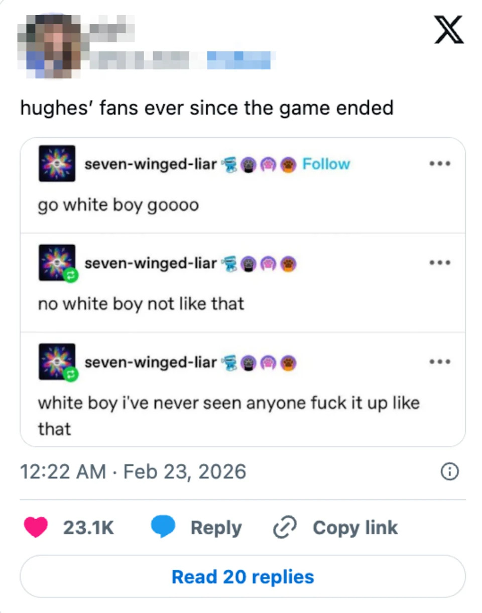 Three tweets react to a game, expressing surprise and admiration for someone referred to as "white boy."
