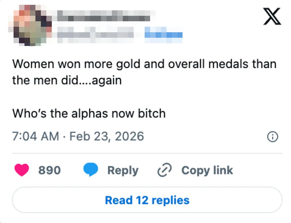 Tweet by user mentioning women winning more gold and overall medals than men, with a rhetorical question about dominance