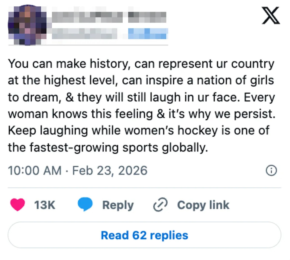 A post advocating for women's hockey, highlighting persistence and growth in the sport despite skepticism